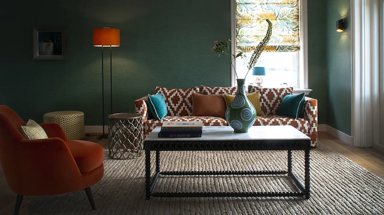 Zitkamer met groene wand, bank met ruitdessin en een oranje fauteuil